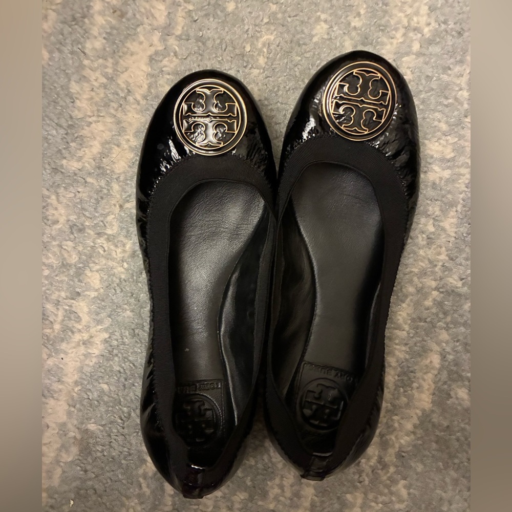 Tory Burch Black Patent Flats with Gold Logo